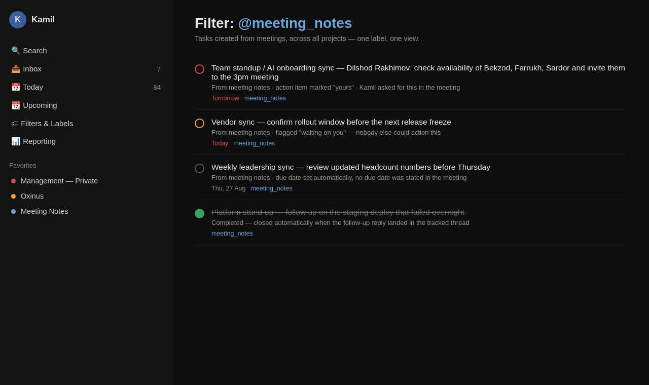 Widok w Todoist przefiltrowany po etykiecie meeting_notes, pokazujący zadania wygenerowane ze spotkań wraz z terminami i statusami